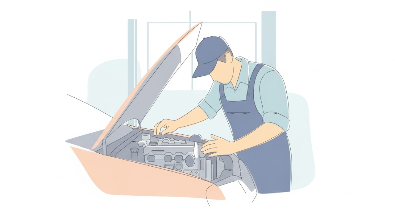 Seorang mekanik sedang memeriksa enjin sebuah kereta yang diangkat di bengkel.